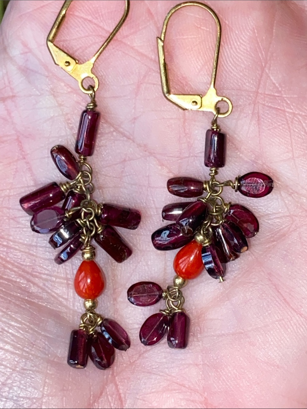Handmade garnet and coral dangle earrings